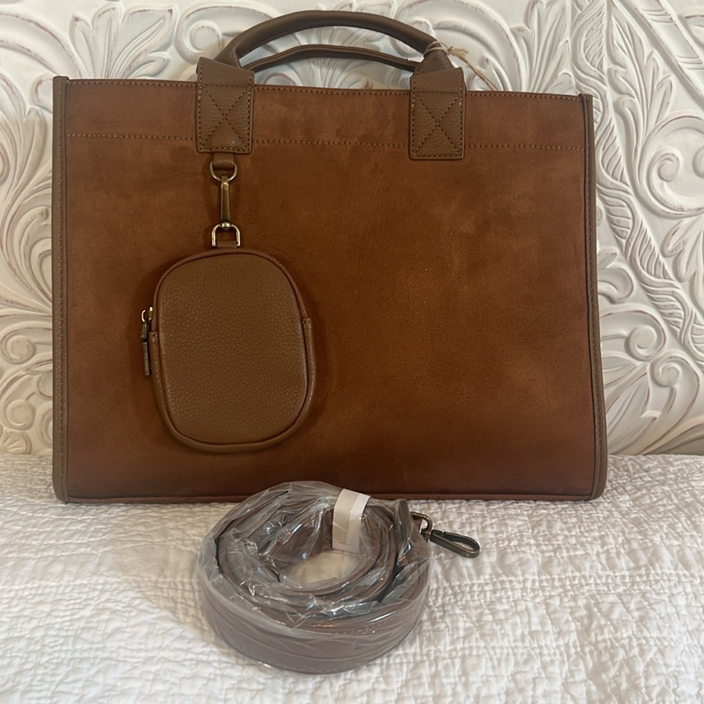 New Brown Suede Vegan Leather Bag with Pouch and Strap.